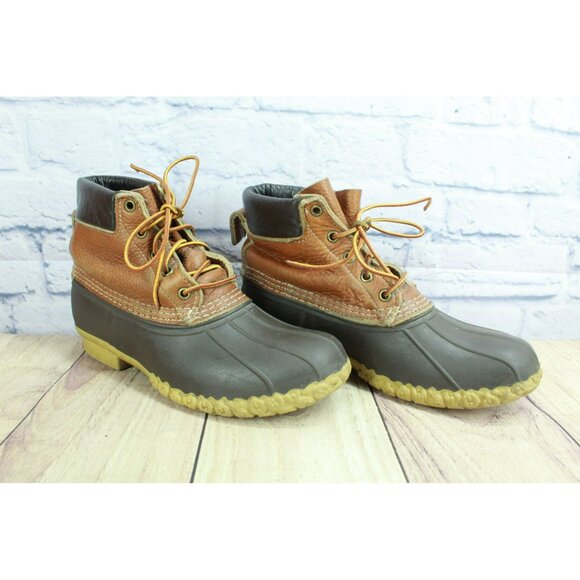 LL Bean Lace Up Unlined Ankle Duck Boots Brown Leather Padded Collar Size 9 M - Picture 3 of 10